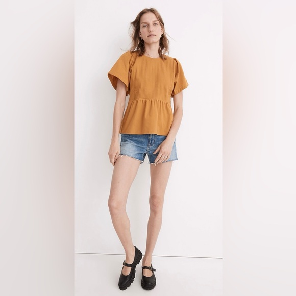MADEWELL Pleated Flutter Sleeve Peplum Top in Vintage Gold, L - Picture 5 of 10